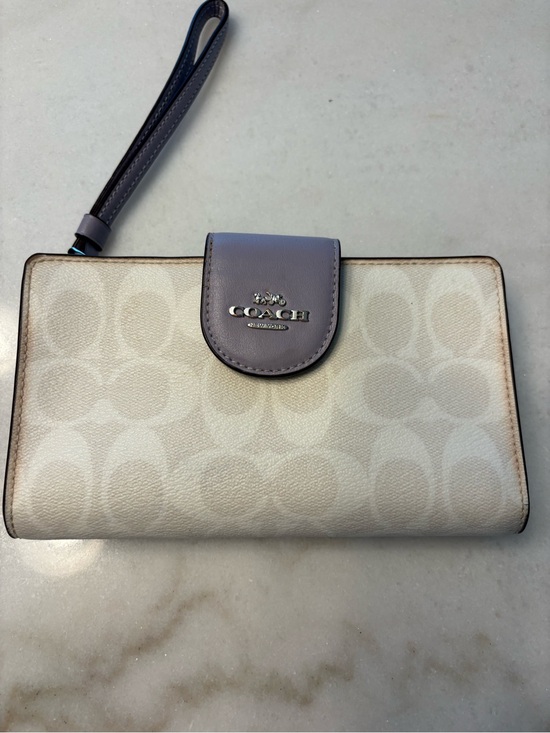 Coach Handbags - Coach Signature Wristlet Wallet in Beige with Lavender Trim
